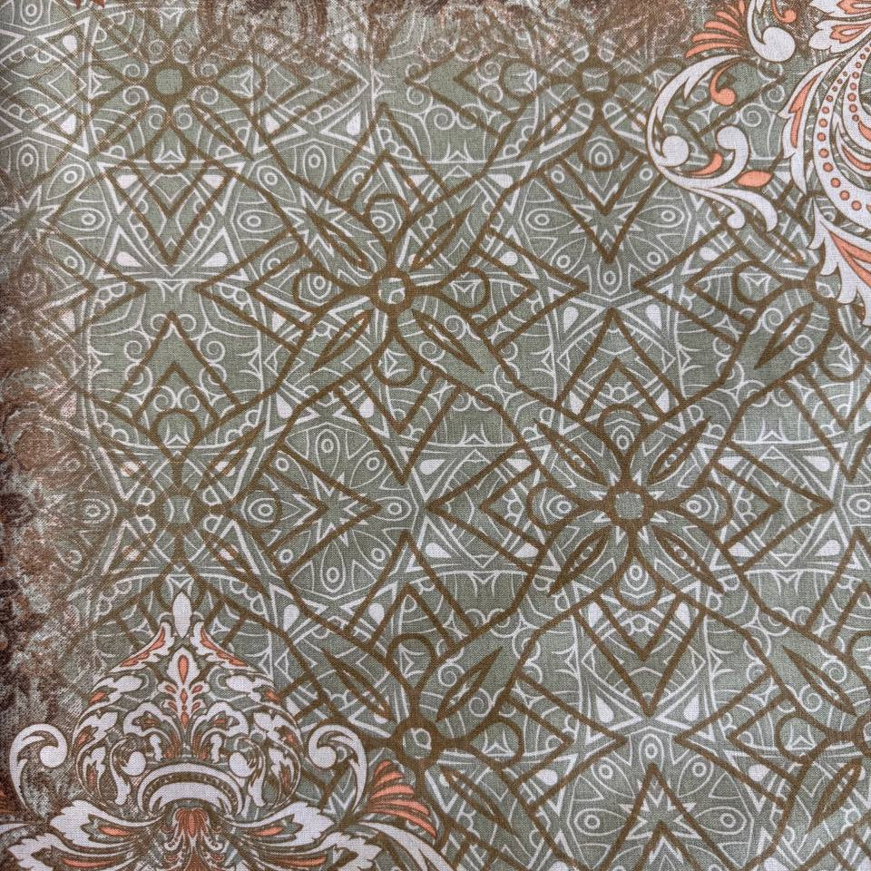 Vintage floral mosaic cotton sheeting fabric in brown and sage tones 108 inch wide for quilt backing and bedding