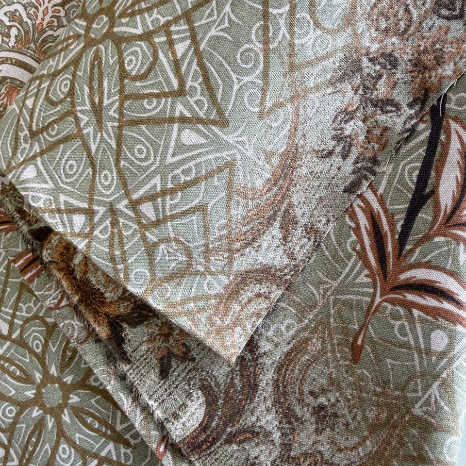 Vintage floral mosaic cotton sheeting fabric in brown and sage tones 108 inch wide for quilt backing and bedding
