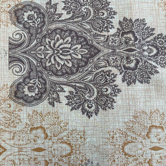 Vintage beige and grey medallion cotton sheeting fabric 108 inch wide folded stack