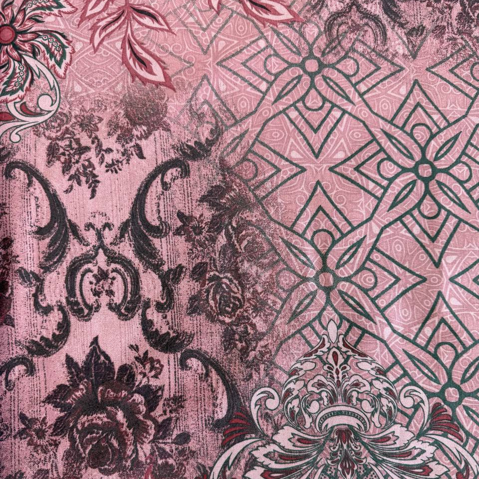 Pink vintage patchwork floral geometric cotton sheeting fabric 108 inch wide Galeria