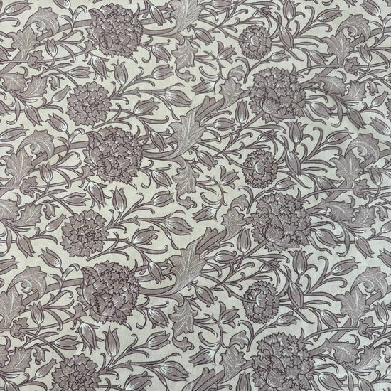 Taupe vintage floral cotton sheeting fabric with detailed flowers and vines on cream background 108 inch wide