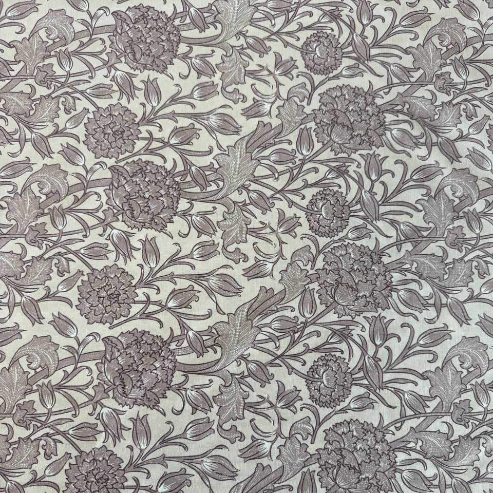 Taupe vintage floral cotton sheeting fabric with detailed flowers and vines on cream background 108 inch wide