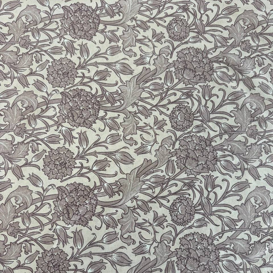 Taupe vintage floral cotton sheeting fabric with detailed flowers and vines on cream background 108 inch wide