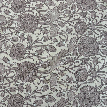 Taupe vintage floral cotton sheeting fabric with detailed flowers and vines on cream background 108 inch wide