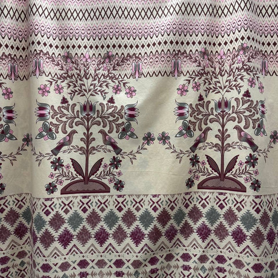 Vintage floral bird cotton sheeting fabric in cream with plum and sage decorative tree pattern 108 inch wide