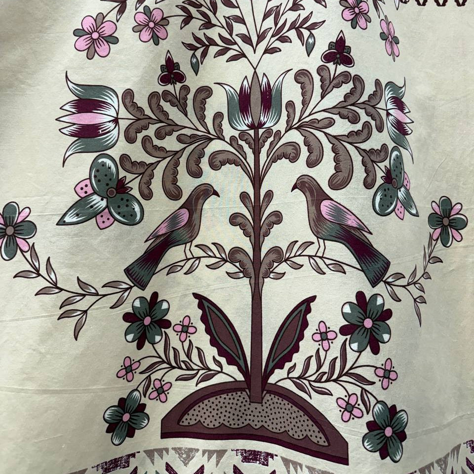 Vintage floral bird cotton sheeting fabric in cream with plum and sage decorative tree pattern 108 inch wide