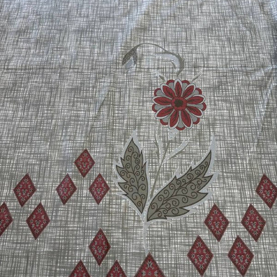 Vintage red and grey medallion cotton sheeting fabric with ornamental floral border design on cream background