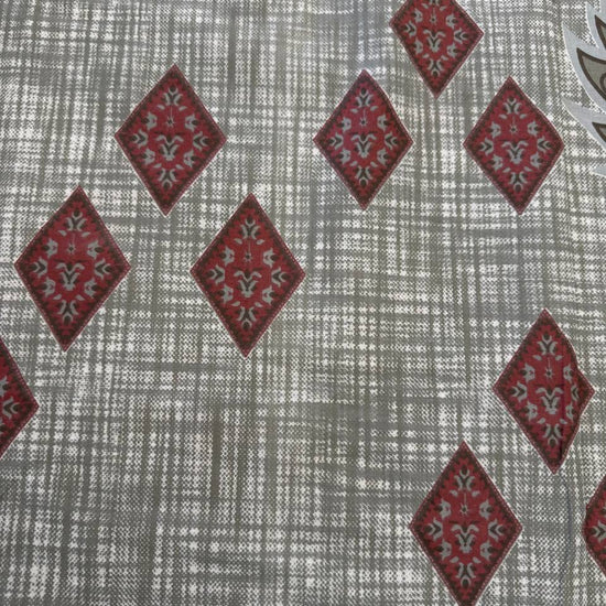 Vintage red and grey medallion cotton sheeting fabric with ornamental floral border design on cream background