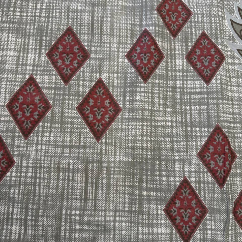 Vintage red and grey medallion cotton sheeting fabric with ornamental floral border design on cream background