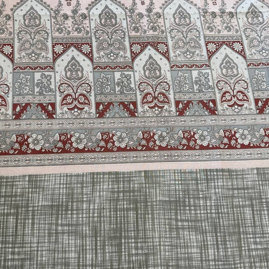 Vintage red and grey medallion cotton sheeting fabric with ornamental floral border design on cream background