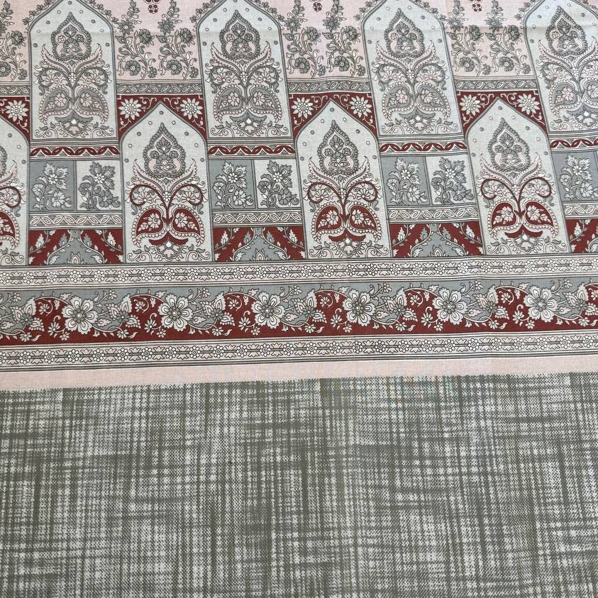 Vintage red and grey medallion cotton sheeting fabric with ornamental floral border design on cream background
