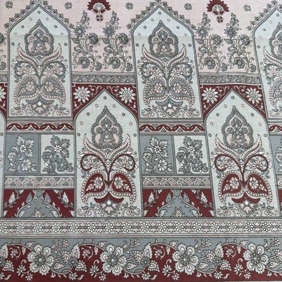 Vintage red and grey medallion cotton sheeting fabric with ornamental floral border design on cream background