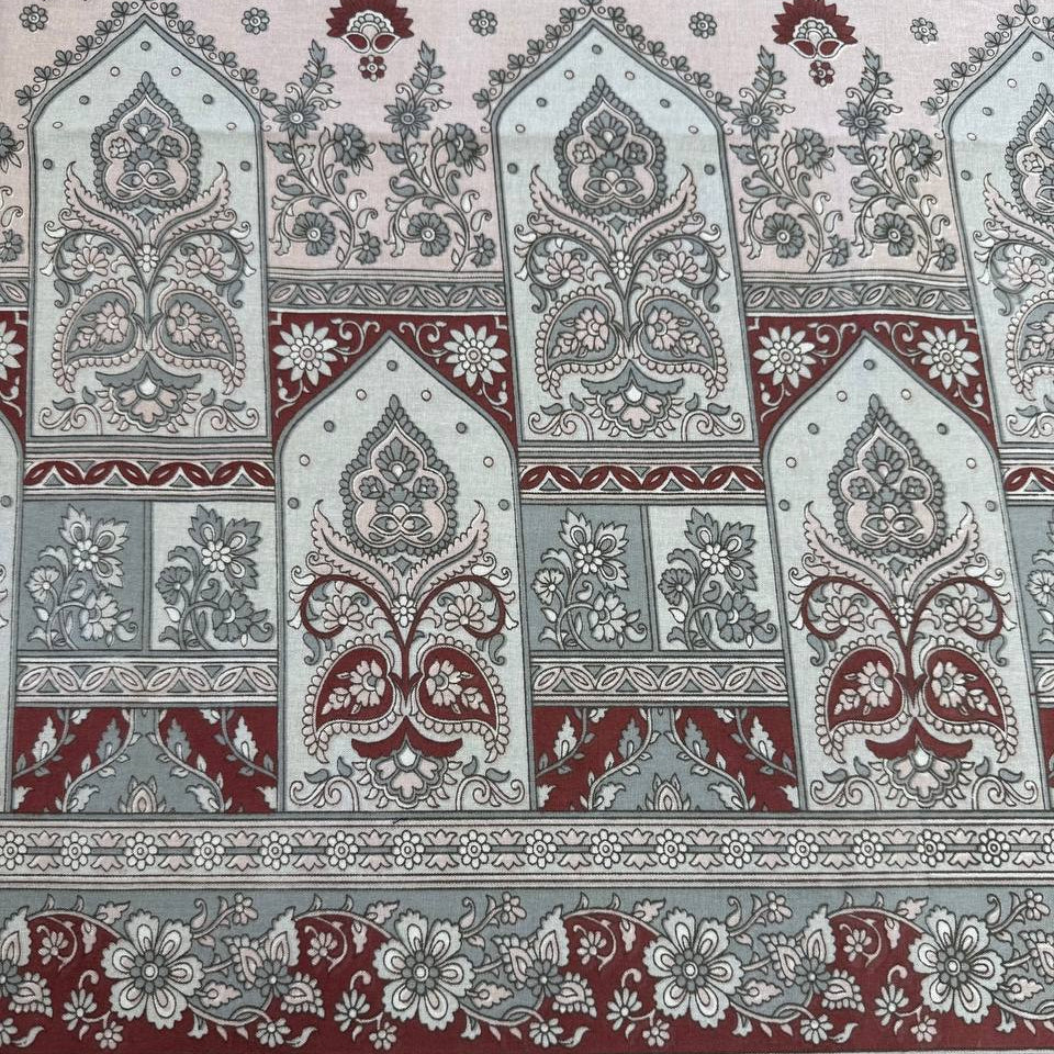 Vintage red and grey medallion cotton sheeting fabric with ornamental floral border design on cream background