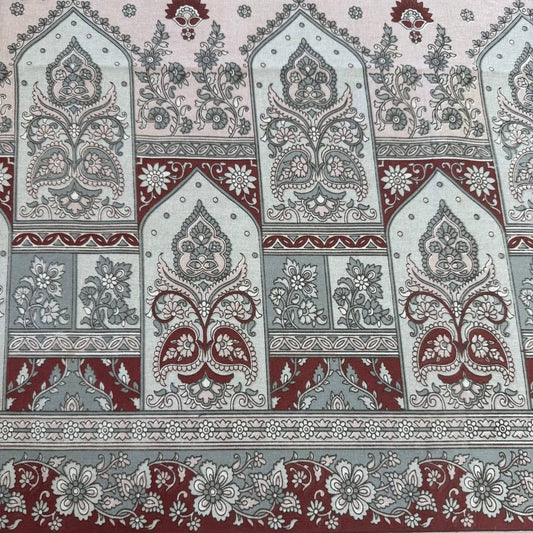 Vintage red and grey medallion cotton sheeting fabric with ornamental floral border design on cream background