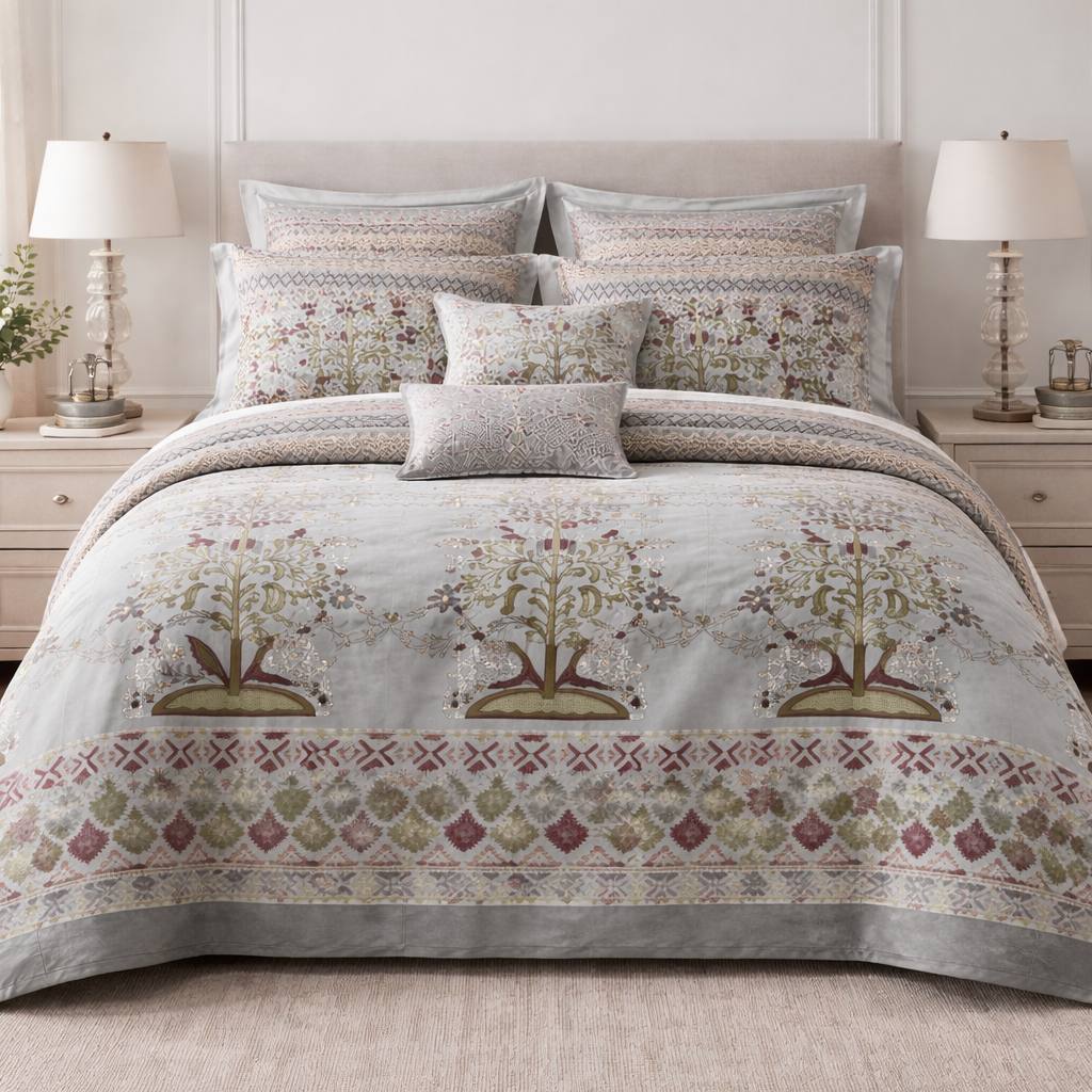 Taupe botanical border cotton sheeting fabric 108 wide