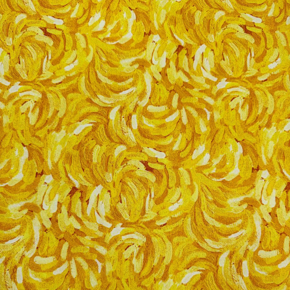 Northcott Starry Night Yellow 29264-52 100% cotton fabric featuring vibrant golden yellow, sunshine yellow and cream artistic brushstroke patterns.