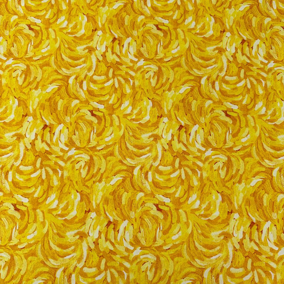 Northcott Starry Night Yellow 29264-52 100% cotton fabric featuring vibrant golden yellow, sunshine yellow and cream artistic brushstroke patterns.