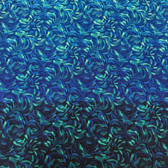 Northcott Starry Night dark blue multi ombre cotton fabric featuring swirling turquoise and royal blue brushstrokes fading into deep navy.