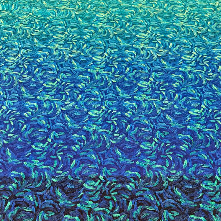 Northcott Starry Night dark blue multi ombre cotton fabric featuring swirling turquoise and royal blue brushstrokes fading into deep navy.
