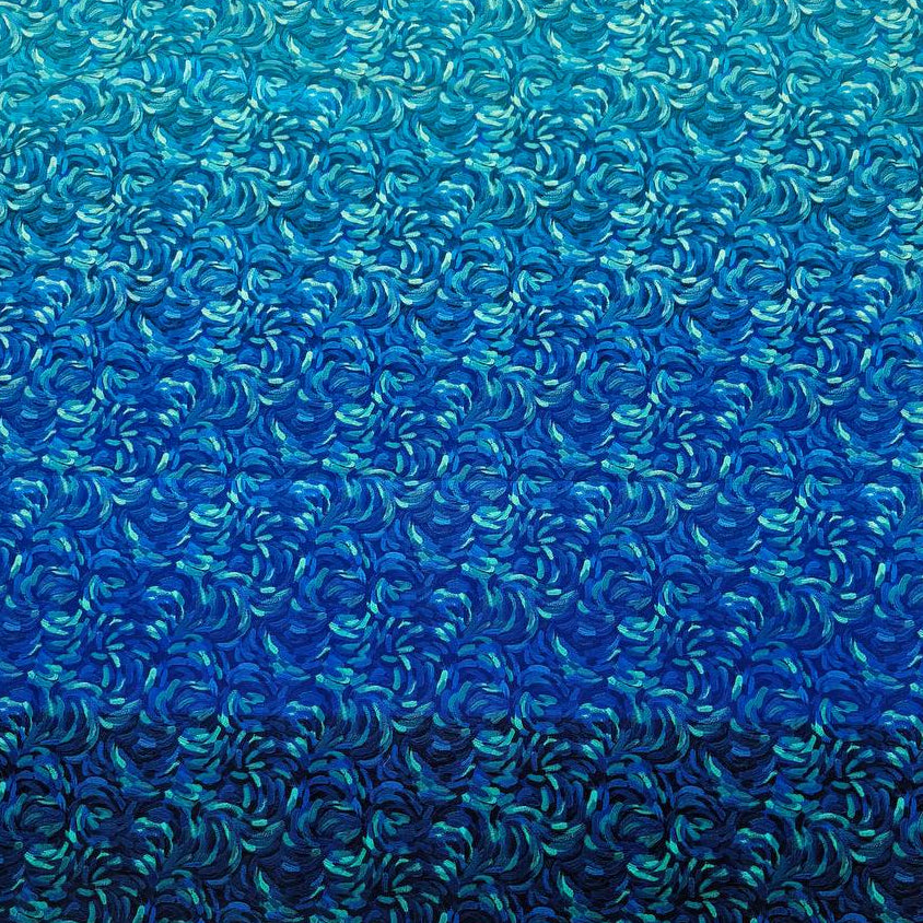 Northcott Starry Night dark blue multi ombre cotton fabric featuring swirling turquoise and royal blue brushstrokes fading into deep navy.