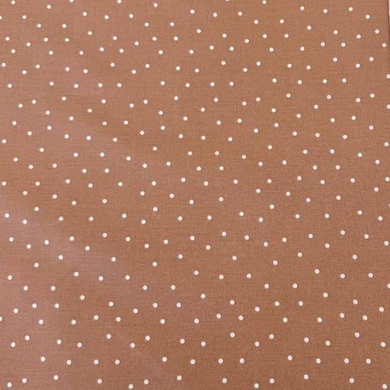 FIGO Fabrics Nest Dots 100% cotton fabric in Caramel and Rose colors with delicate white dotted pattern.