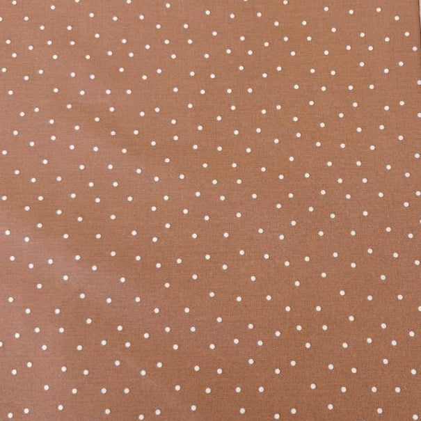 FIGO Fabrics Nest Dots 100% cotton fabric in Caramel and Rose colors with delicate white dotted pattern.