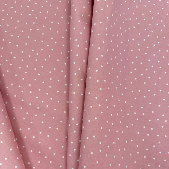 FIGO Fabrics Nest Dots 100% cotton fabric in Caramel and Rose colors with delicate white dotted pattern.