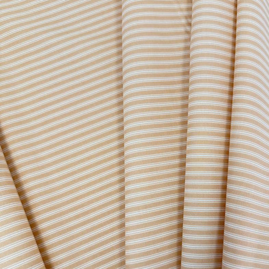 FIGO Fabrics Nest Stripe 100% cotton quilting fabric available in Aqua, Buttercream, and Cinnamon, featuring delicate white stripes.