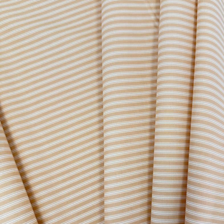 FIGO Fabrics Nest Stripe 100% cotton quilting fabric available in Aqua, Buttercream, and Cinnamon, featuring delicate white stripes.