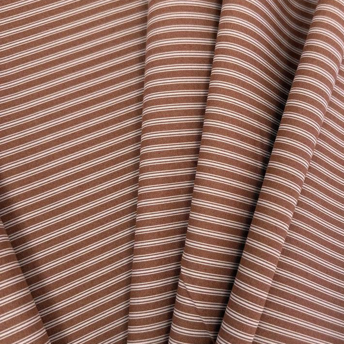 FIGO Fabrics Nest Stripe 100% cotton quilting fabric available in Aqua, Buttercream, and Cinnamon, featuring delicate white stripes.