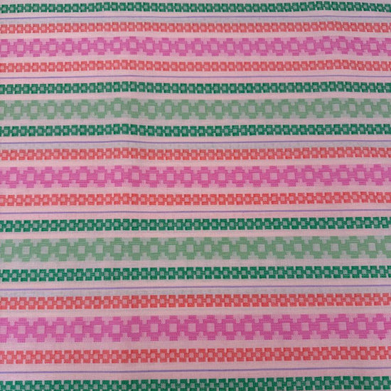 Anna Maria Textiles Journey Fruit 100% cotton fabric featuring colourful geometric stripes in pink, coral, mint green and lavender.