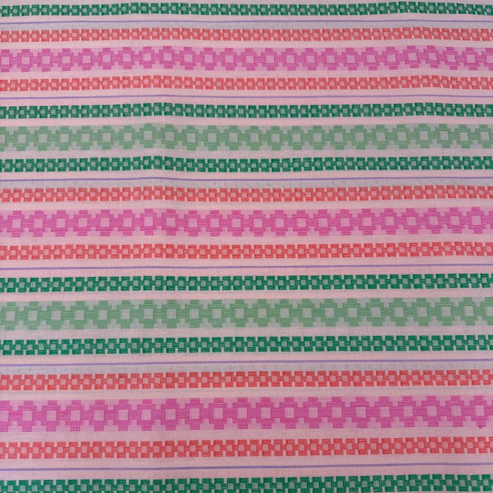Anna Maria Textiles Journey Fruit 100% cotton fabric featuring colourful geometric stripes in pink, coral, mint green and lavender.