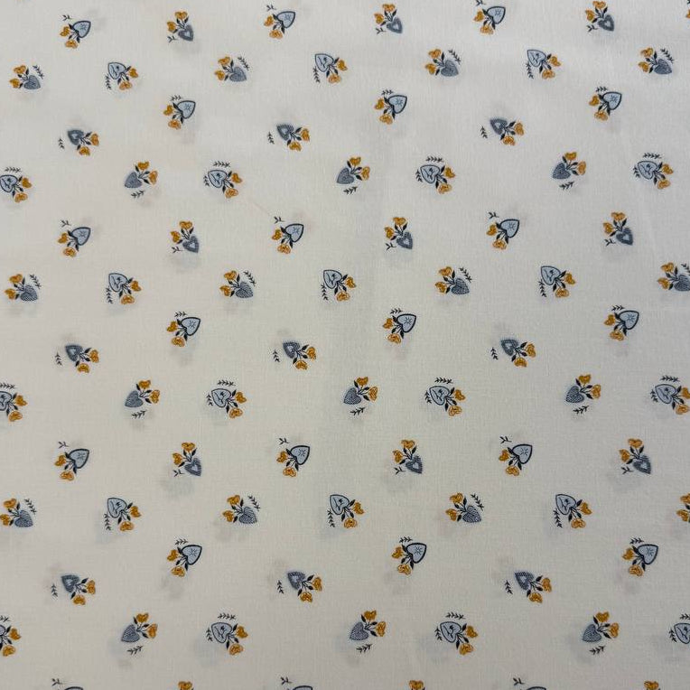 Delicate floral cotton fabric on soft ivory background with mustard and blue flowers – Moda Sun Drenched collection