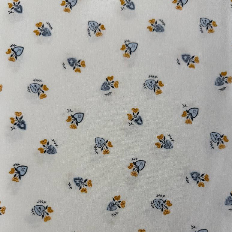 Delicate floral cotton fabric on soft ivory background with mustard and blue flowers – Moda Sun Drenched collection