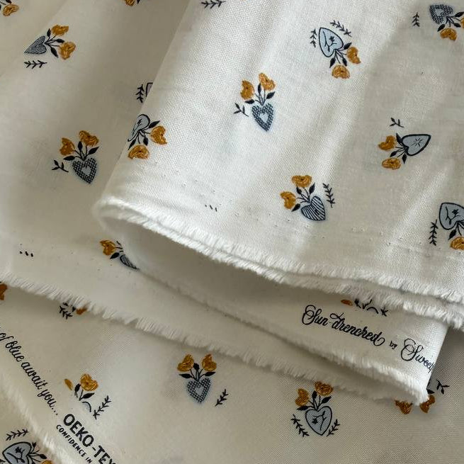Delicate floral cotton fabric on soft ivory background with mustard and blue flowers – Moda Sun Drenched collection