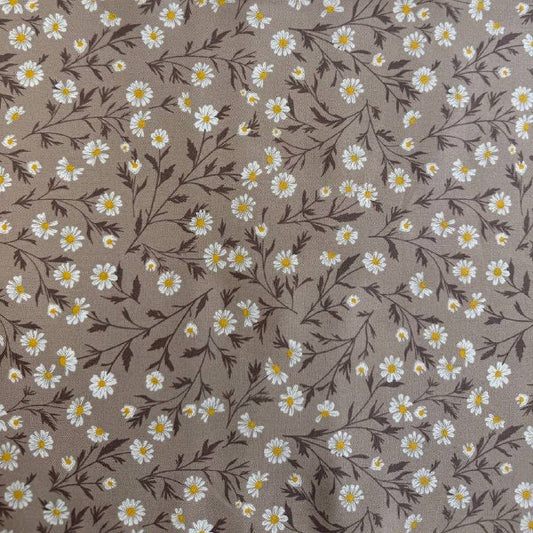Beige cotton fabric with white daisy floral print
