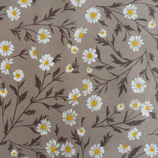 Beige cotton fabric with white daisy floral print