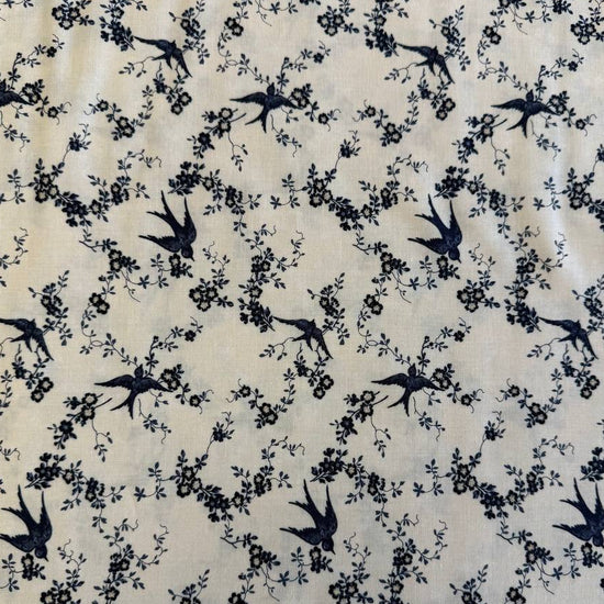 Cream floral cotton fabric from Bluebirds Nest collection by Moda, soft vintage floral print quilting fabric with navy details