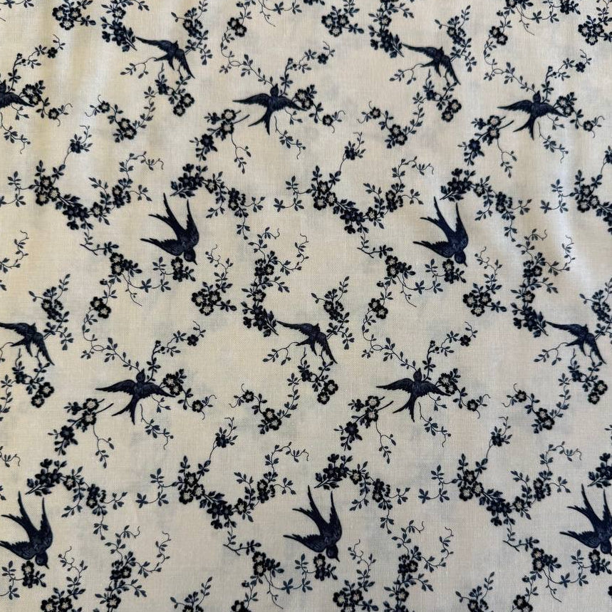 Cream floral cotton fabric from Bluebirds Nest collection by Moda, soft vintage floral print quilting fabric with navy details
