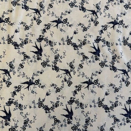 Cream floral cotton fabric from Bluebirds Nest collection by Moda, soft vintage floral print quilting fabric with navy details