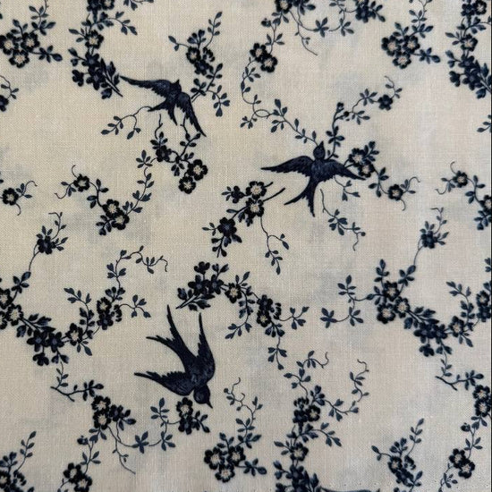 Cream floral cotton fabric from Bluebirds Nest collection by Moda, soft vintage floral print quilting fabric with navy details