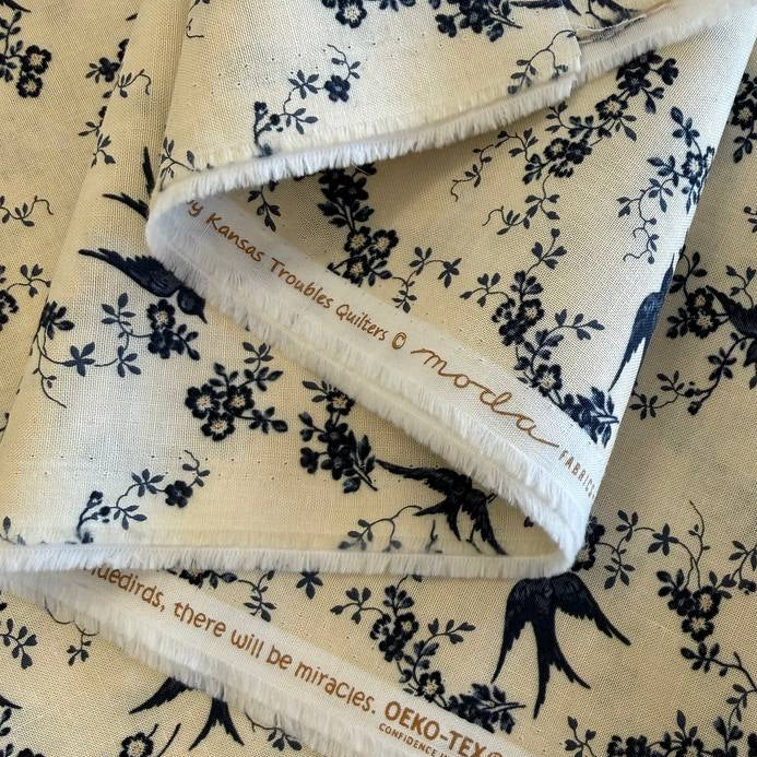 Cream floral cotton fabric from Bluebirds Nest collection by Moda, soft vintage floral print quilting fabric with navy details