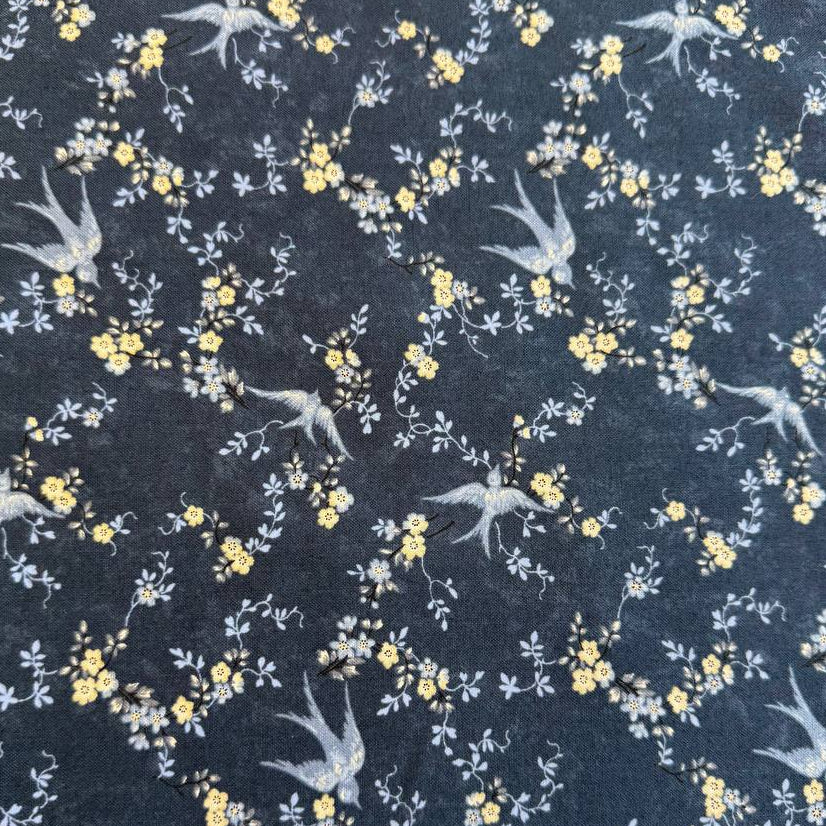 Blue floral cotton fabric from Bluebirds Nest collection by Moda, vintage style quilting fabric, dark navy background with delicate flowers