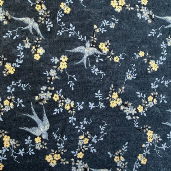 Blue floral cotton fabric from Bluebirds Nest collection by Moda, vintage style quilting fabric, dark navy background with delicate flowers