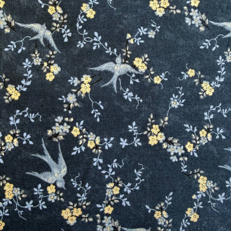 Blue floral cotton fabric from Bluebirds Nest collection by Moda, vintage style quilting fabric, dark navy background with delicate flowers
