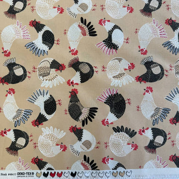 Gingiber Henhouse chicken print cotton fabric in hay beige with black white and red chickens