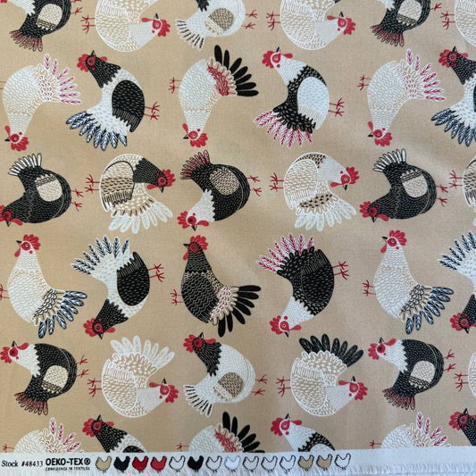 Gingiber Henhouse chicken print cotton fabric in hay beige with black white and red chickens