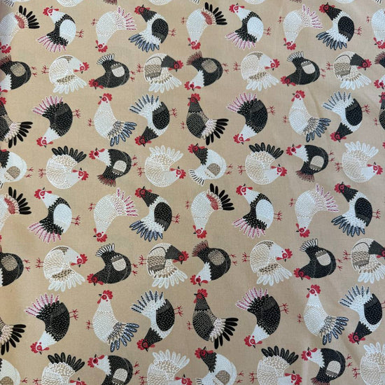 Gingiber Henhouse chicken print cotton fabric in hay beige with black white and red chickens