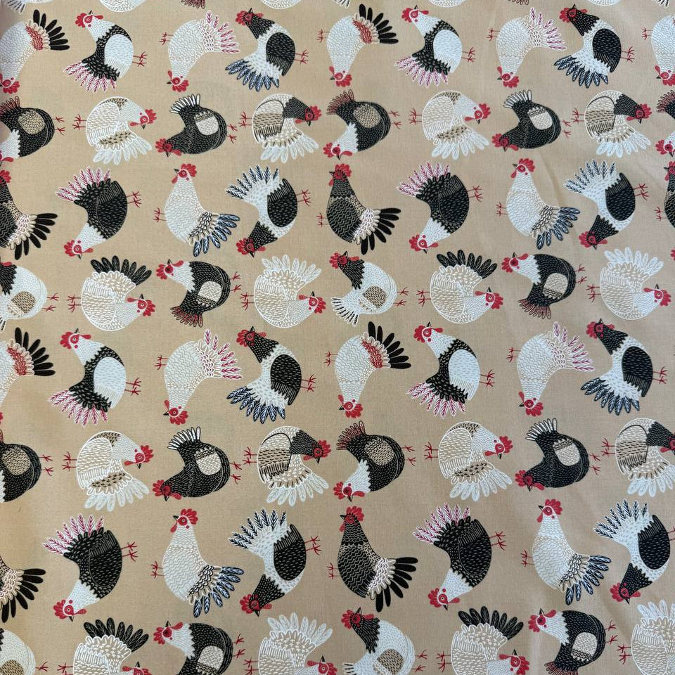 Gingiber Henhouse chicken print cotton fabric in hay beige with black white and red chickens