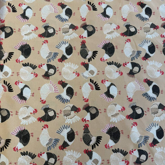 Gingiber Henhouse chicken print cotton fabric in hay beige with black white and red chickens